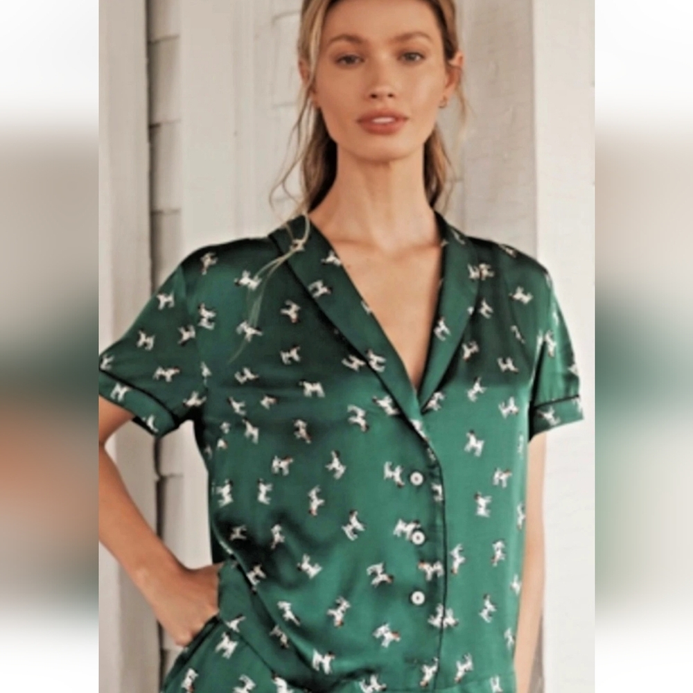 Green Button-Up Silky Pajama Top with Cute Dog Print Sz Med